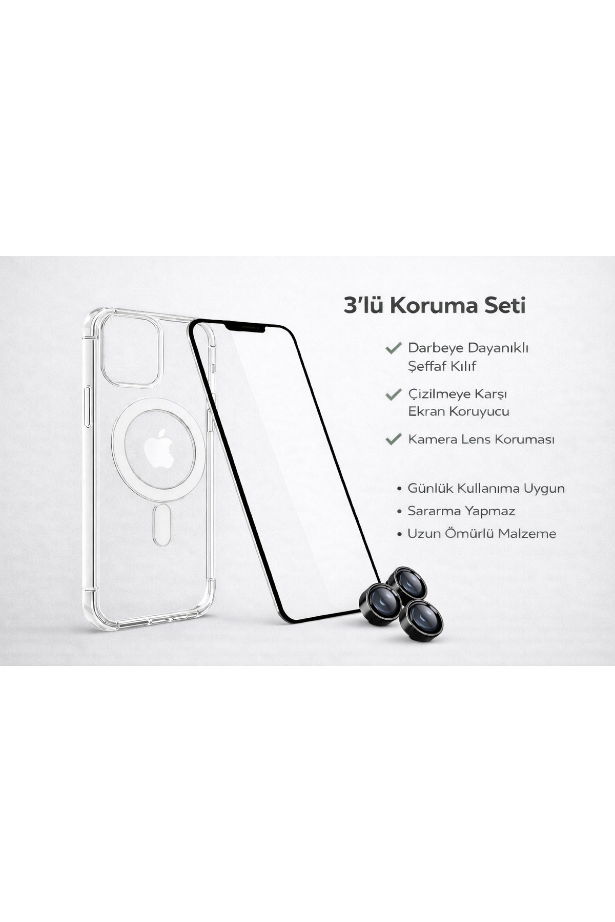 İPHONE 14 PRO MAX UYUMLU 3'LÜ KORUMA SETİ MAGSAFE + 9H EKRAN CAMI + ARKA KAMERA LENSİ