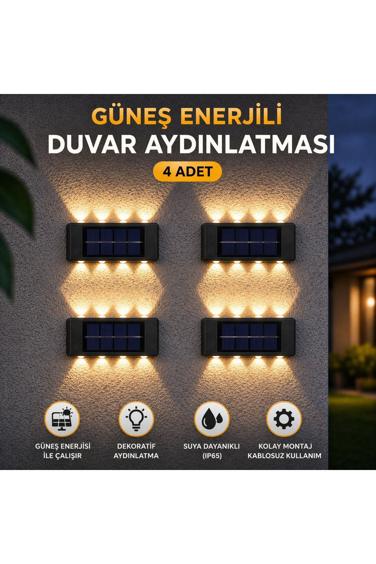 Solar Çift Açılı Güneş Enerjili Duvar Lambası-4 Adet